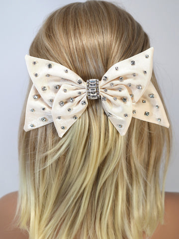 Beige Satin Bow With Rhinestones And Crystals Bridal French Hair Clip, Bridesmaid Gift, Wedding Hair Accessory, Large Hair Clip.